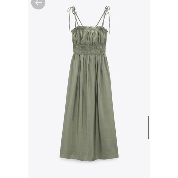 Zara Green Open Elastic Ruffle Back Spaghetti Strap Midi Dress - Picture 11 of 13
